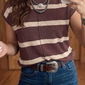 Brown Stripe Knit Western Short Sleeve Sweater