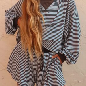 Brown Stripe Oversized Long Sleeve Top Drawstring Loose Shorts 2pcs Set