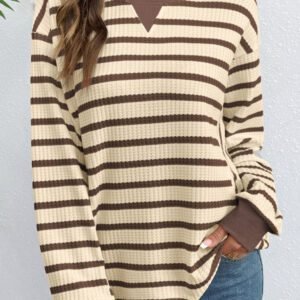 Brown Stripe Patchwork Ribbed Cuff Casual Pullover Sweatshirt