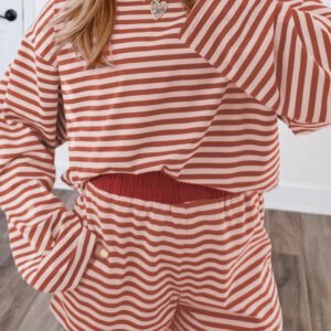 Brown Stripe Relaxed Long Sleeve Top Contrast Elastic Waistband Short Set