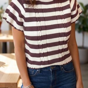 Brown Stripe Ribbed Knit Cable Detail Short Sleeve Sweater