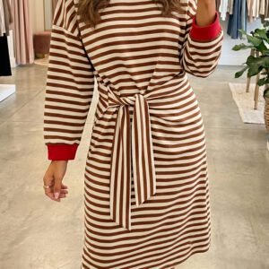 Brown Stripe Striped Colorblock Cuffs Round Neck Long Sleeve Shift Dress