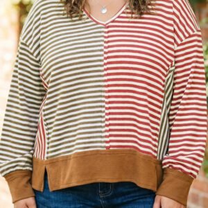 Brown Stripe Striped Colorblock V Neck Oversized Long Sleeve Plus Size Blouse