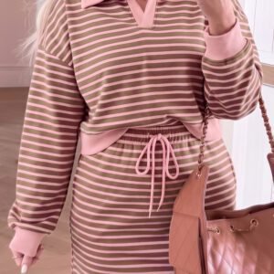 Brown Stripe Striped Drawstring Waist Long Sleeve Top Mini Skort Set