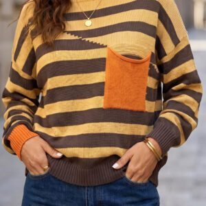 Brown Stripe Striped Drop Shoulder Colorblock Pullover Sweater