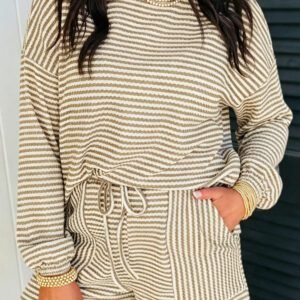 Brown Stripe Textured Knit Long Sleeve Top Elastic Waist Shorts Casual Outfit