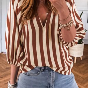 Brown Stripe V Neck Half Sleeve Casual Blouse
