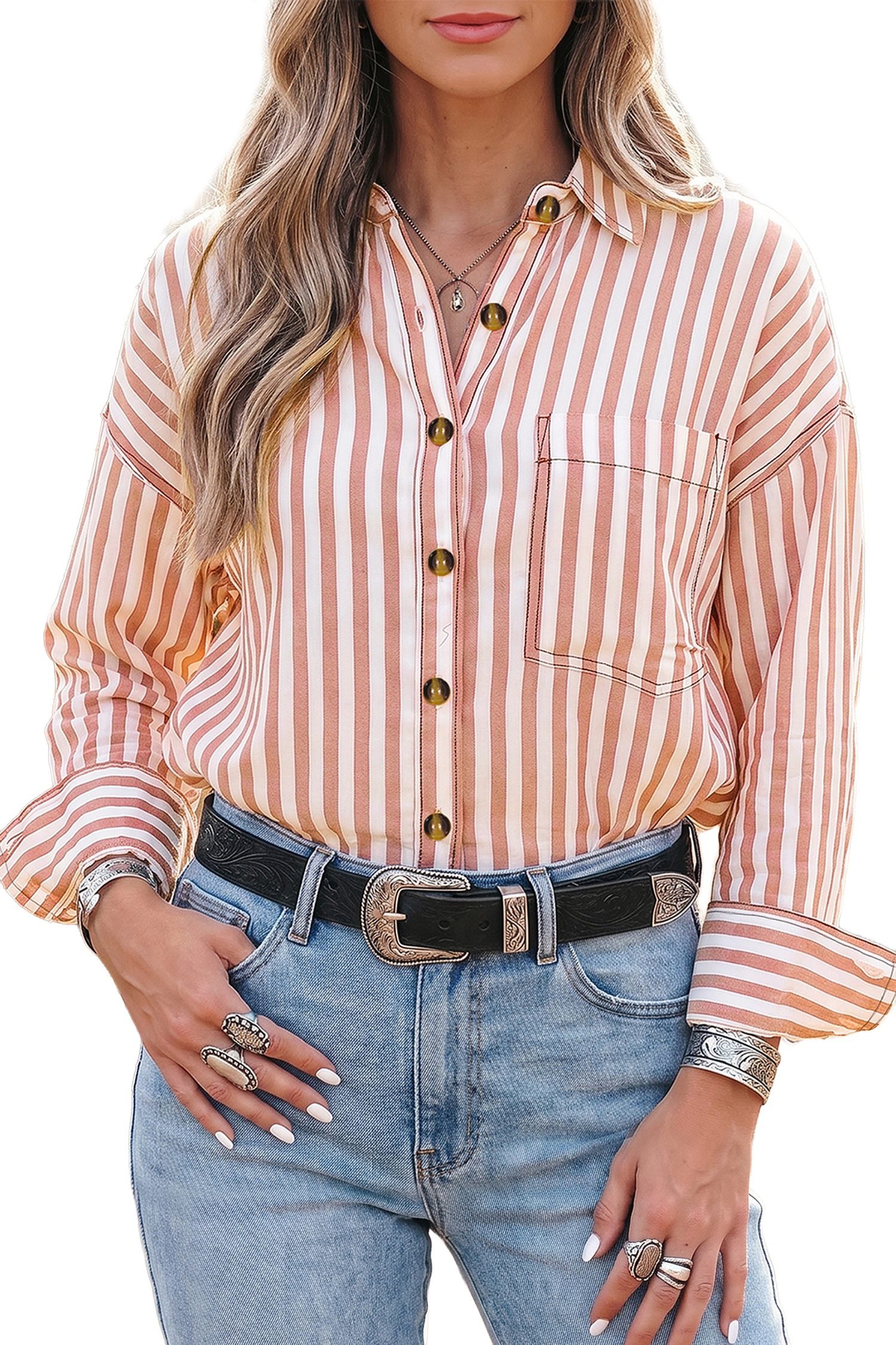 Brown Stripe Western Button Down Long Sleeve Casual Shirt
