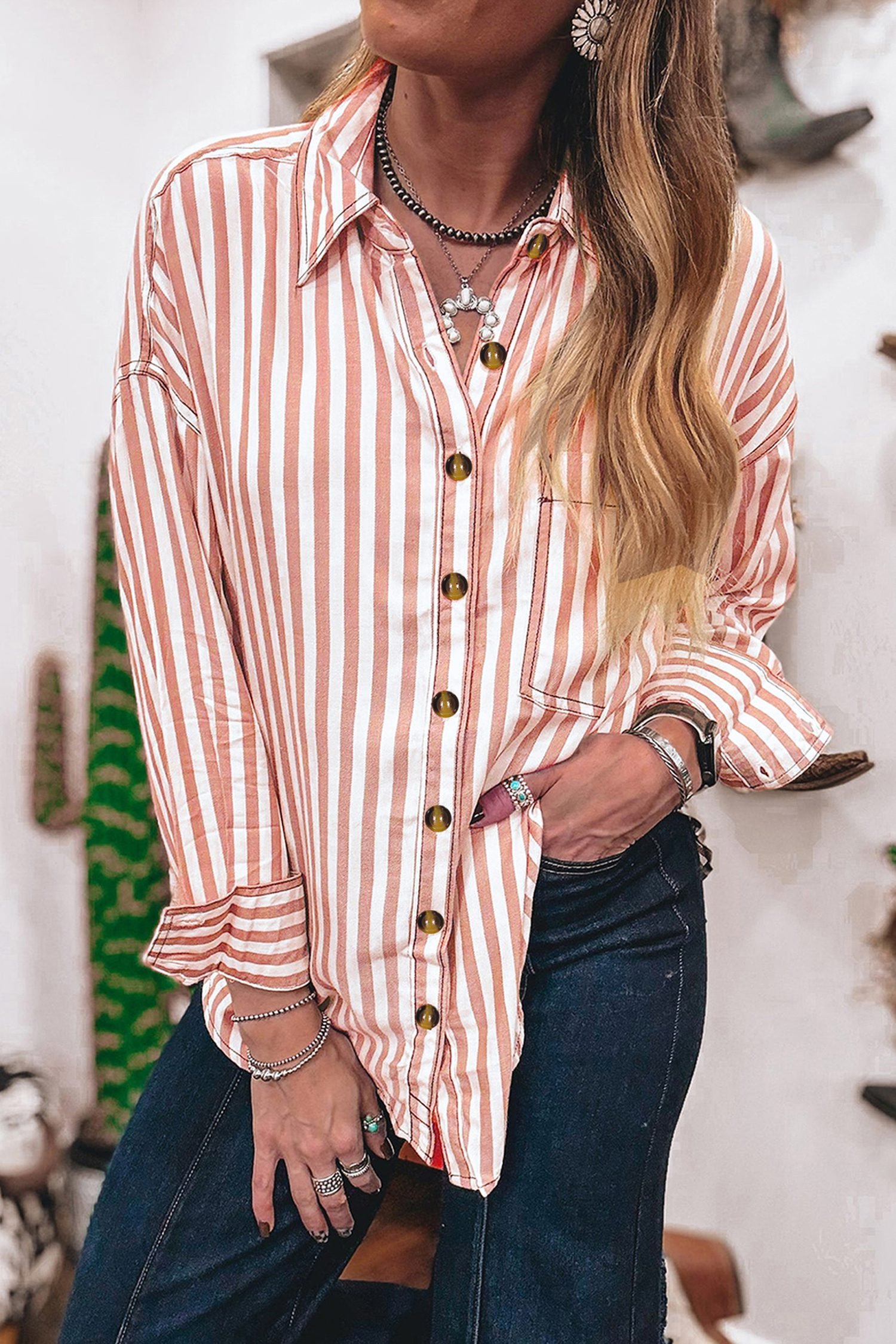 Brown Stripe Western Button Down Long Sleeve Casual Shirt