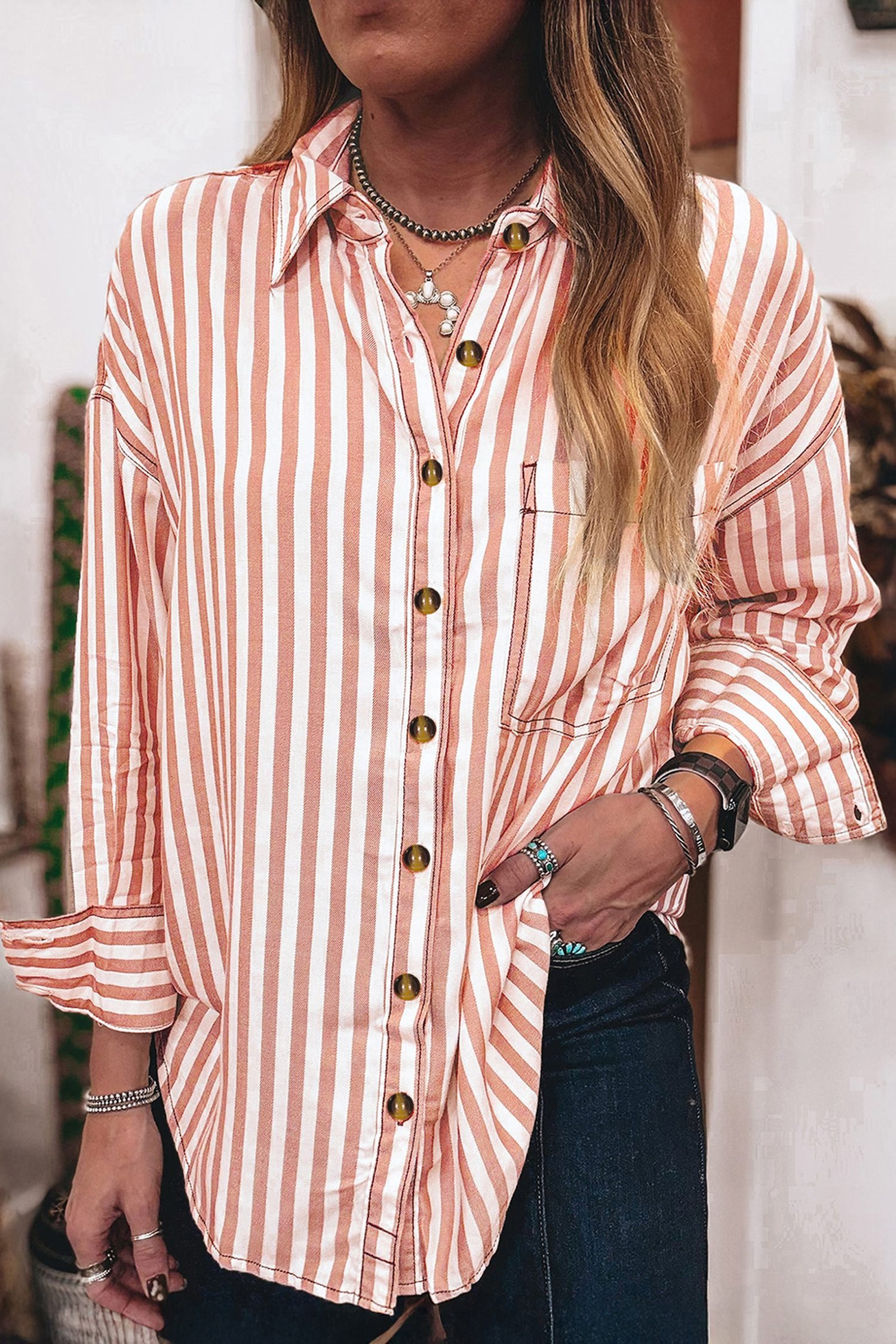 Brown Stripe Western Button Down Long Sleeve Casual Shirt