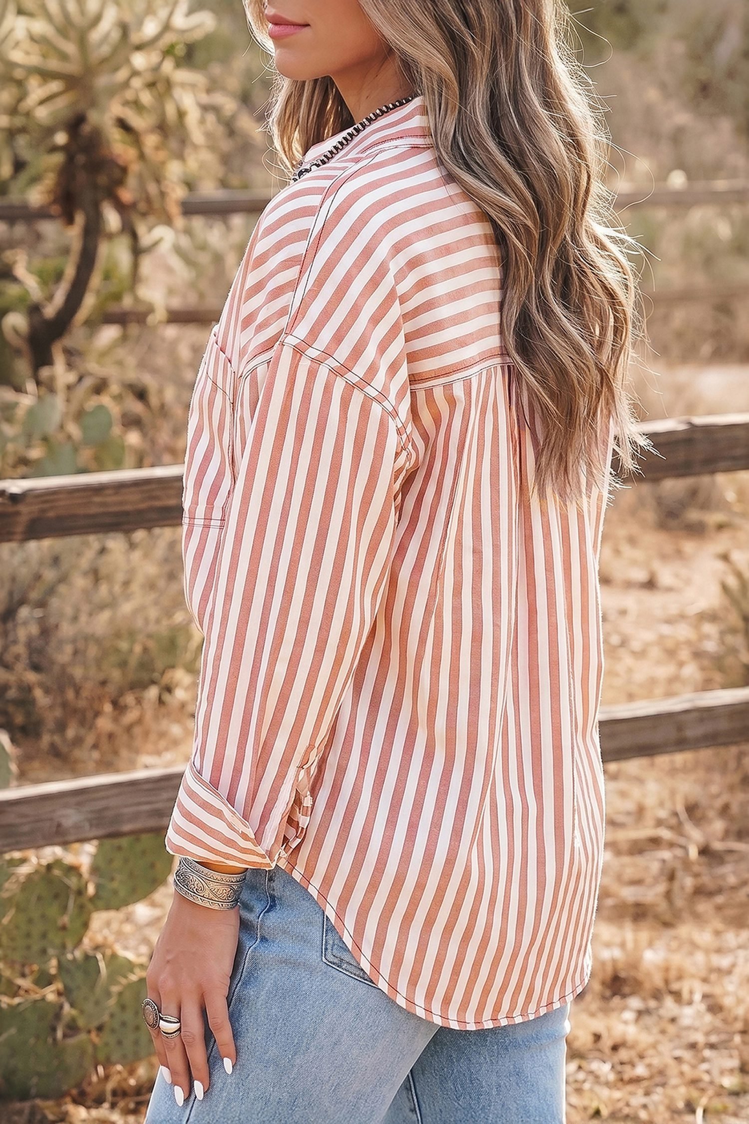Brown Stripe Western Button Down Long Sleeve Casual Shirt