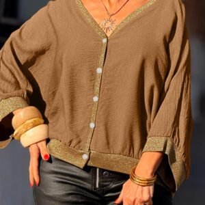 Brown V Neck Glitter Trim Patchwork Button-Front Blouse