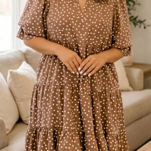 Brown V Neck Polka Dot Long Sleeve Shift Plus Size Dress