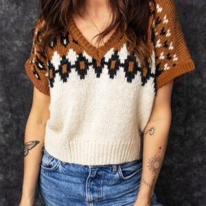 Brown V Neck Short Sleeve Geometric Print Western Style Knit Tee