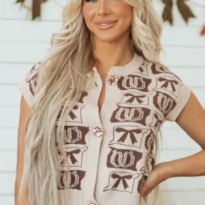 Brown Western Horseshoe Bow Pattern Button Front Sleeveless Knit Sweater