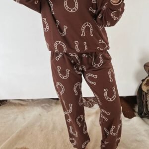 Brown Western Print Elastic Waist Pocket 2pcs Pant Set