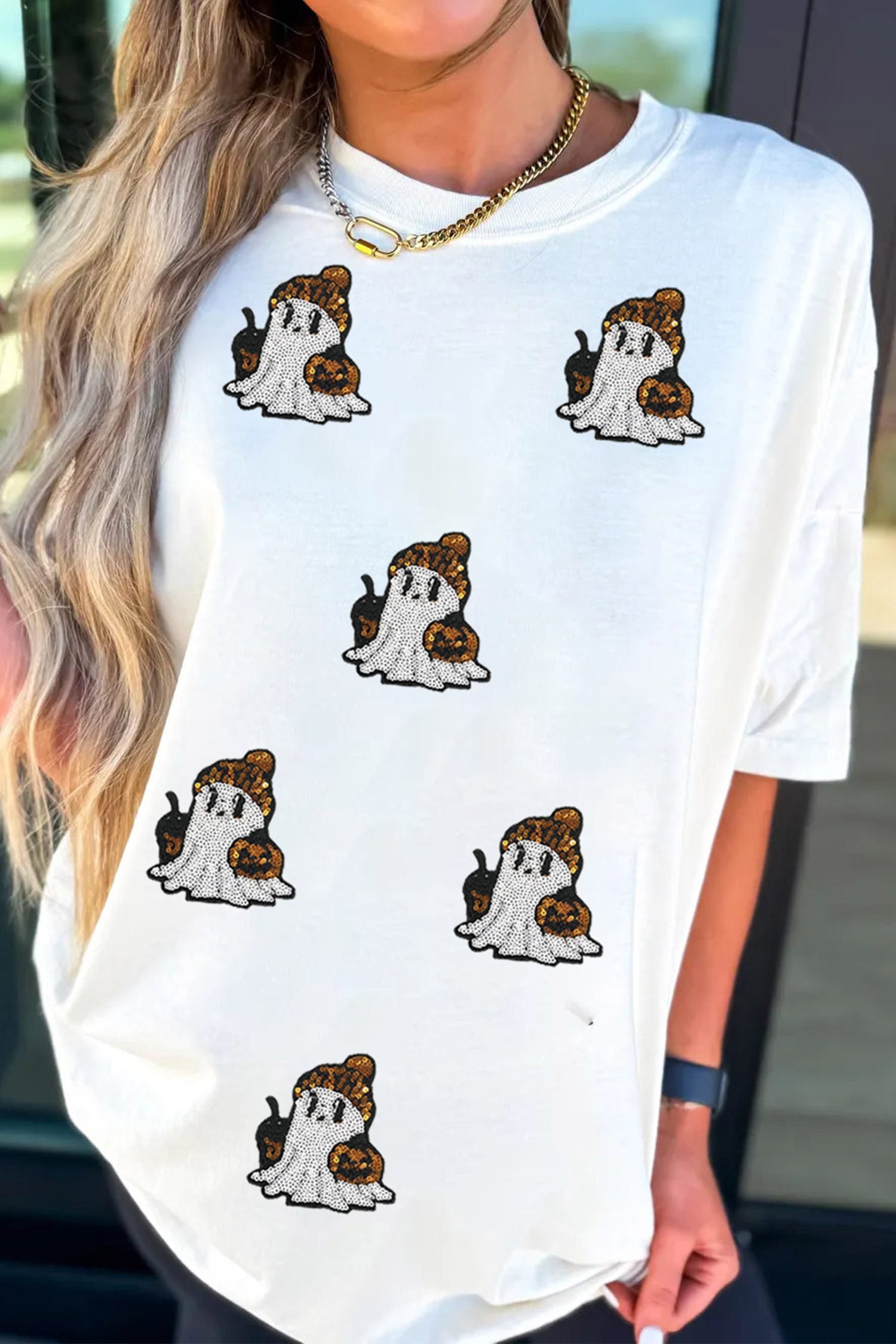 White Sequin Ghost Print Short Sleeve Casual Halloween Graphic T-Shirt - Image 3