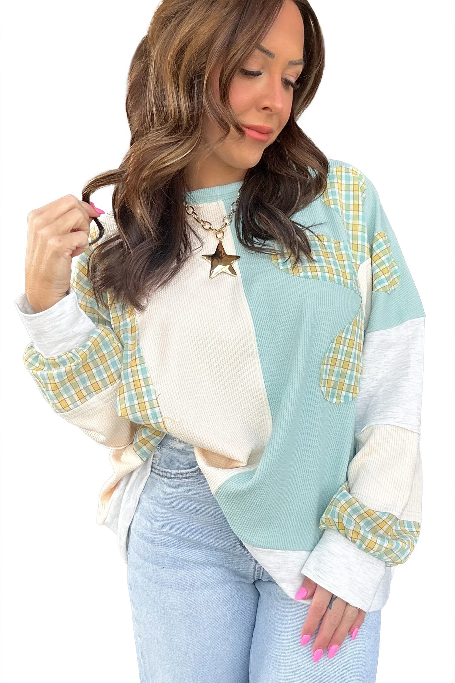 Light Blue Plaid Patchwork Round Neck Long Sleeve Top - Image 4