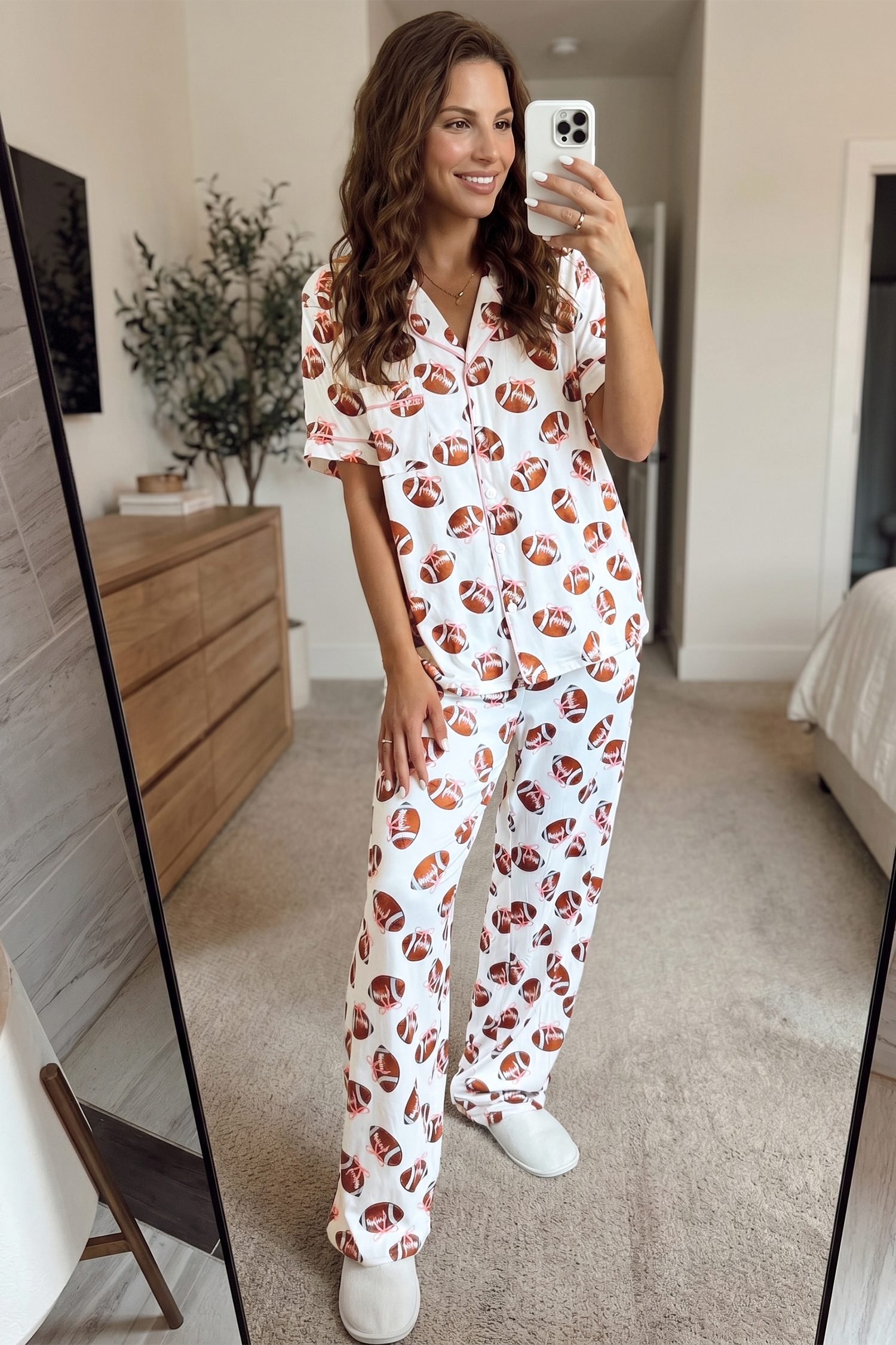 White Rugby Print Short Sleeve Button Down Top Loose Pants Game Day Pajama Set - Image 2