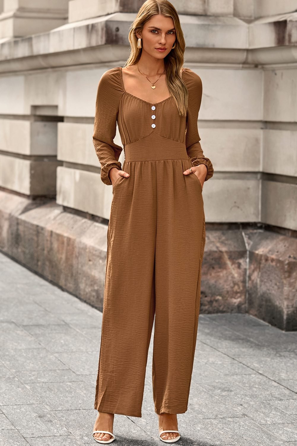Chestnut Solid Color Long Sleeve Shirred Button Detail Straight Leg Jumpsuit - Image 7