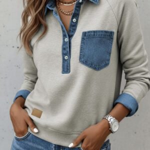 Sleet Denim Collar Patchwork Long Sleeve Pullover Top