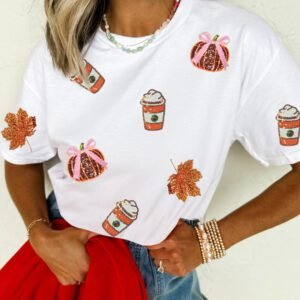 White Sequined Pumpkin Fall Graphic Casual Shift T Shirt