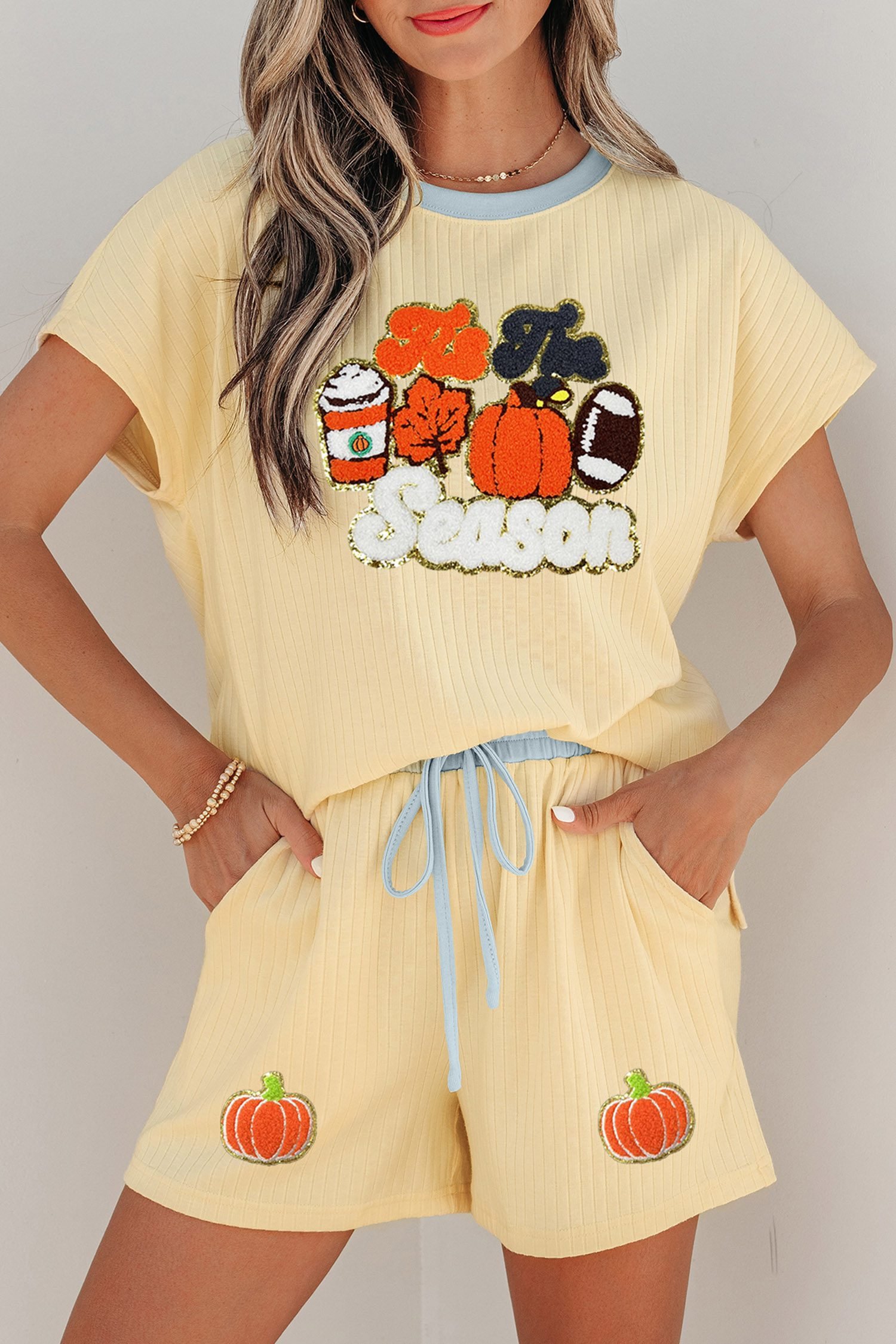 Yellow Cream Ribbed Color Block Trim Chenille Pumpkin Patchwork Graphic Short 3pcs Set - Image 4