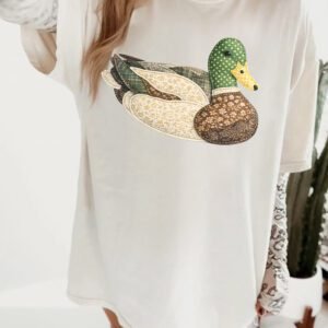 White Bohemian Mallard Duck Applique Short Sleeve Graphic T-Shirt