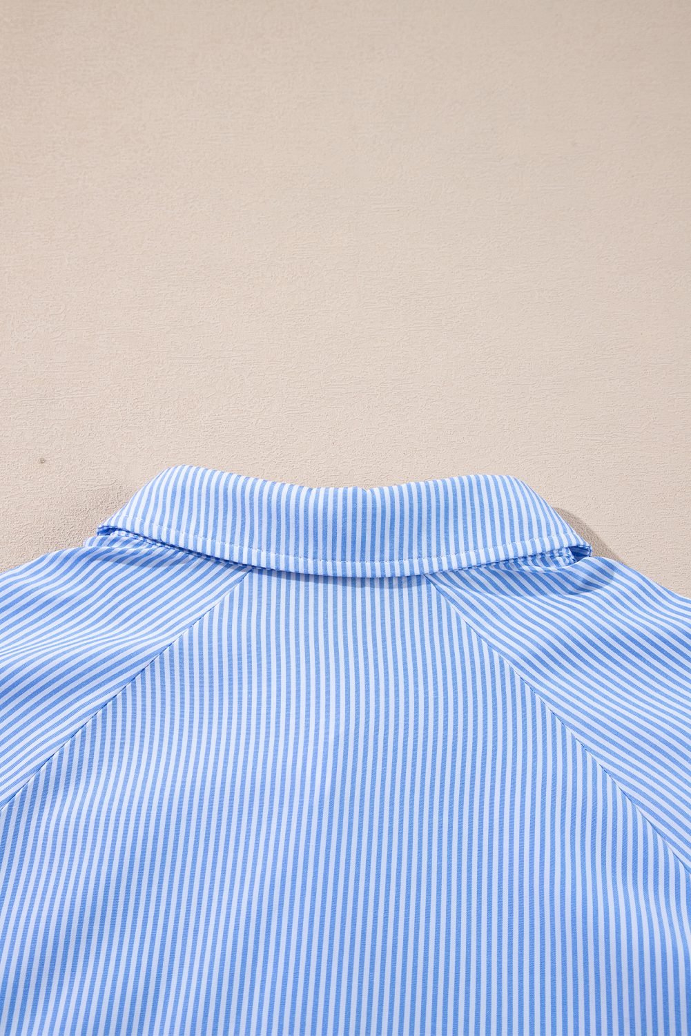 Sky Blue Stripe Pinstripe Long Sleeve Smocked Cuffs Button Shirt Collar Blouse - Image 16