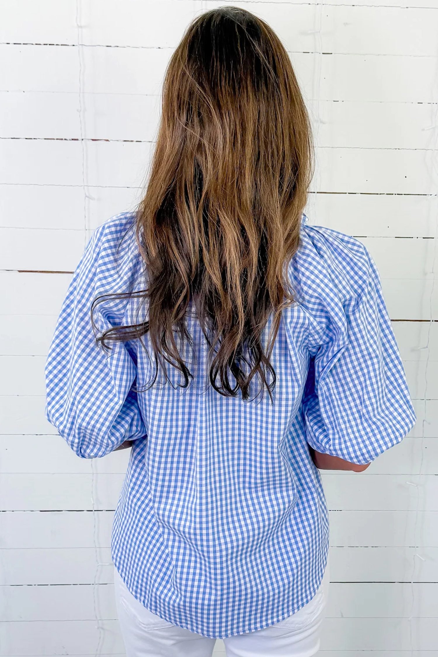 Sky Blue Summer Plaid V Neck Puff Sleeve Blouse - Image 4