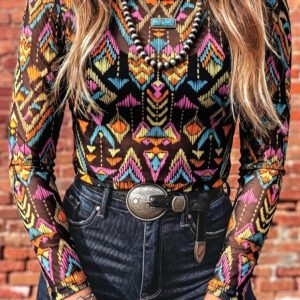 Color black Abstract Print Long Sleeve Stand Neck Mesh Top
