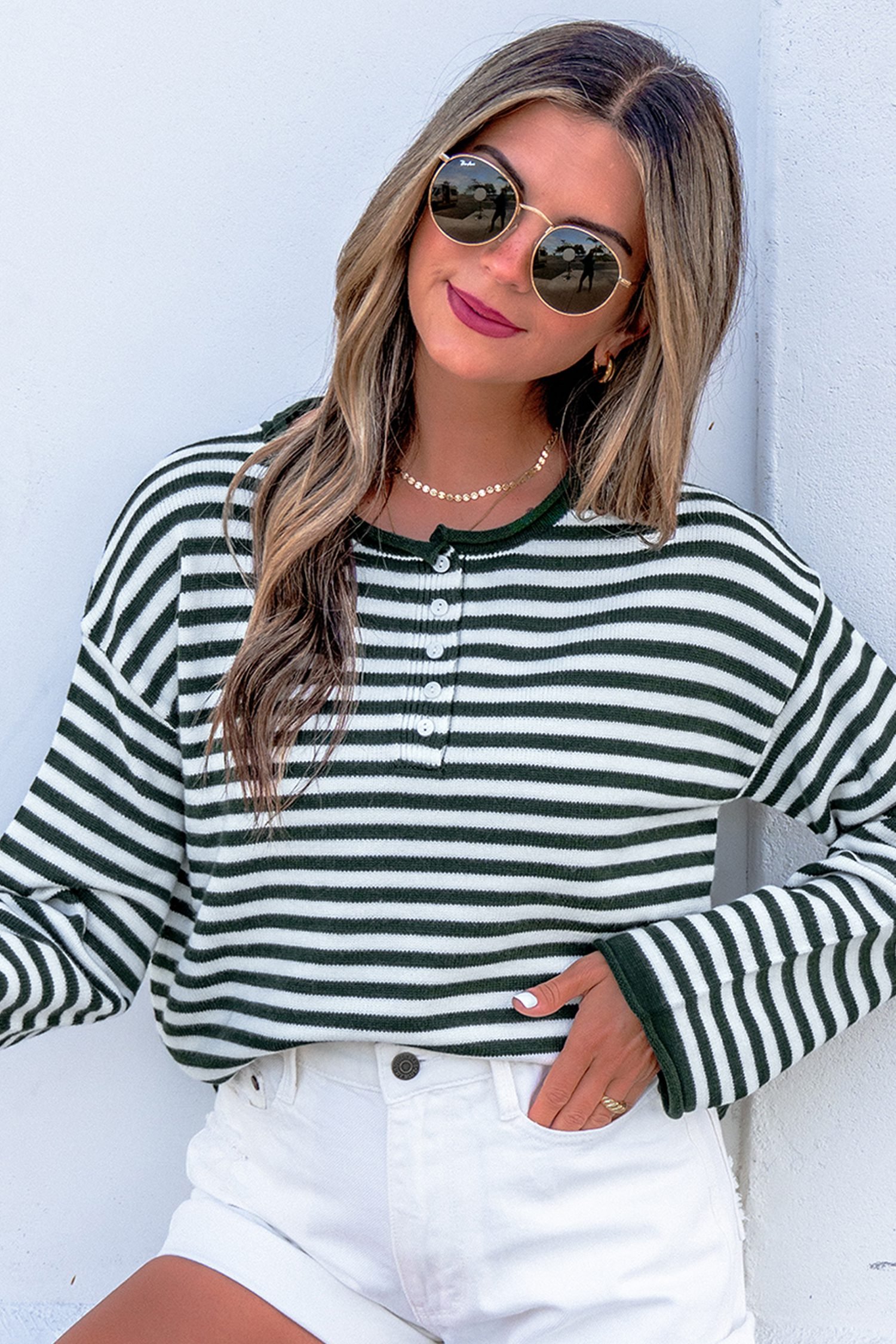 Green Stripe Striped Button Placket Drop Shoulder Long Sleeve Sweater - Image 5