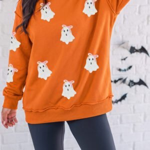 Carrot Sequin Ghost Graphic Exposed Seam Mock Neck Pullover Sweatshirt