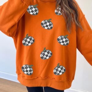 Carrot Sequin Pumpkin Print Mock Neck Tunic Sweatshirt