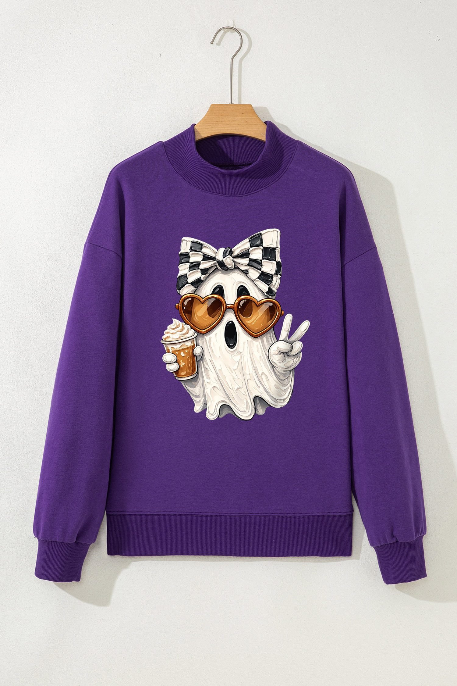 Tillandsia Purple Cute Ghost Print Pullover Mock Neck Sweatshirt - Image 8