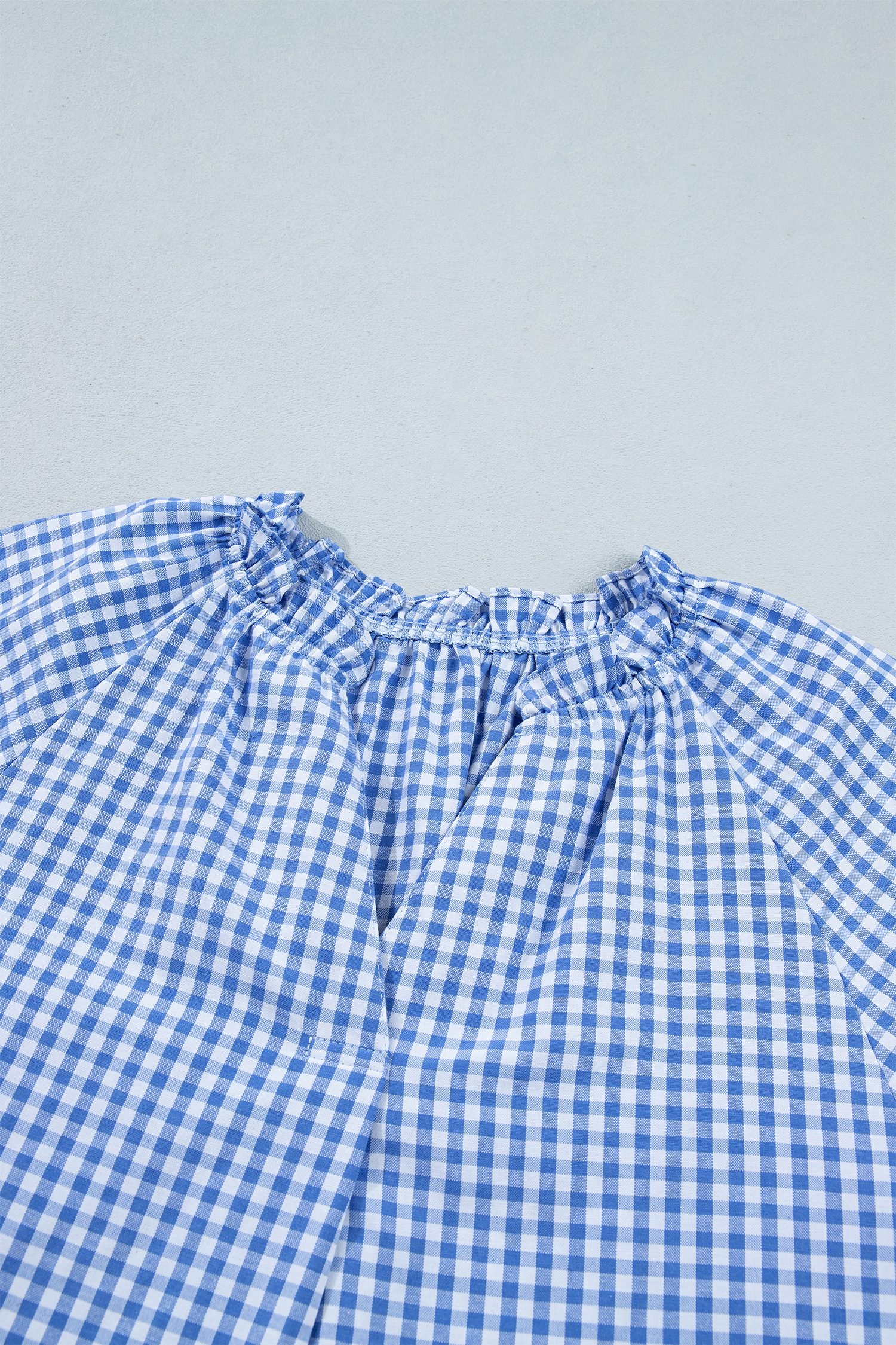 Sky Blue Summer Plaid V Neck Puff Sleeve Blouse - Image 9