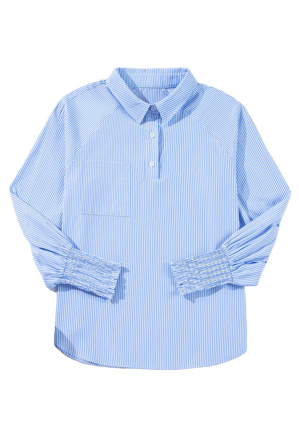 Sky Blue Stripe Pinstripe Long Sleeve Smocked Cuffs Button Shirt Collar Blouse - Image 17
