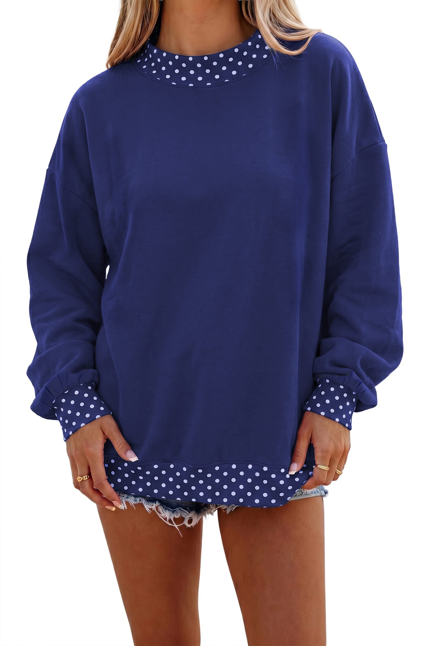 Dark Blue Colorblock Polka Dot Contrast Trim Oversized Sweatshirt - Image 2