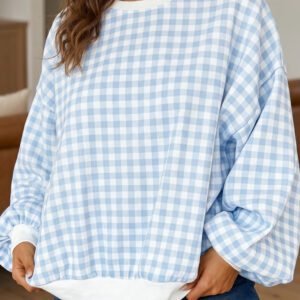 Light Blue Plaid Round Neck Long Sleeve Sweatshirt
