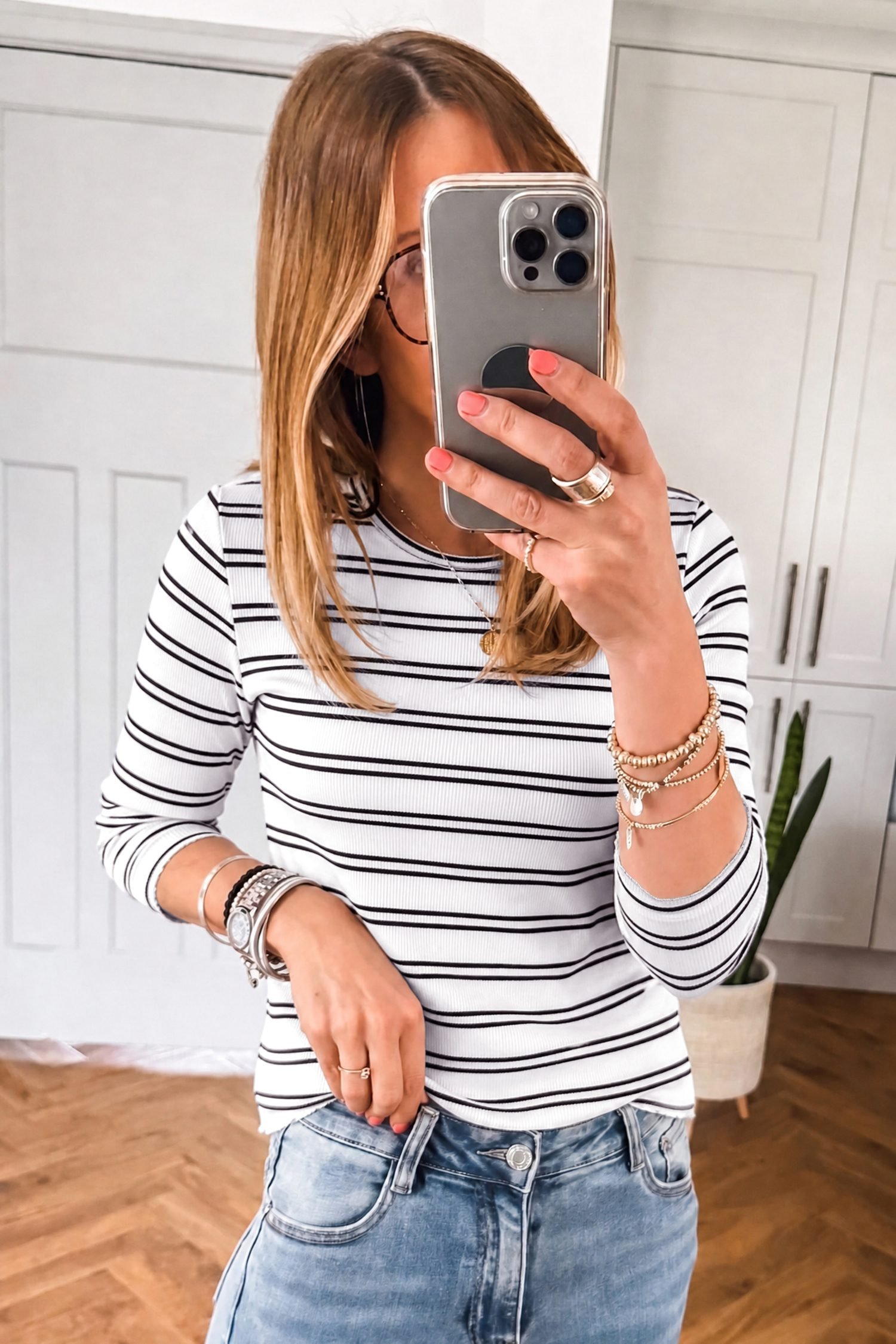Beige Stripe Ribbed Knit Round Neck Long Sleeve Top - Image 3