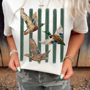 White Western Mallard Stripes Printed Graphic Round Neck Casual Tee