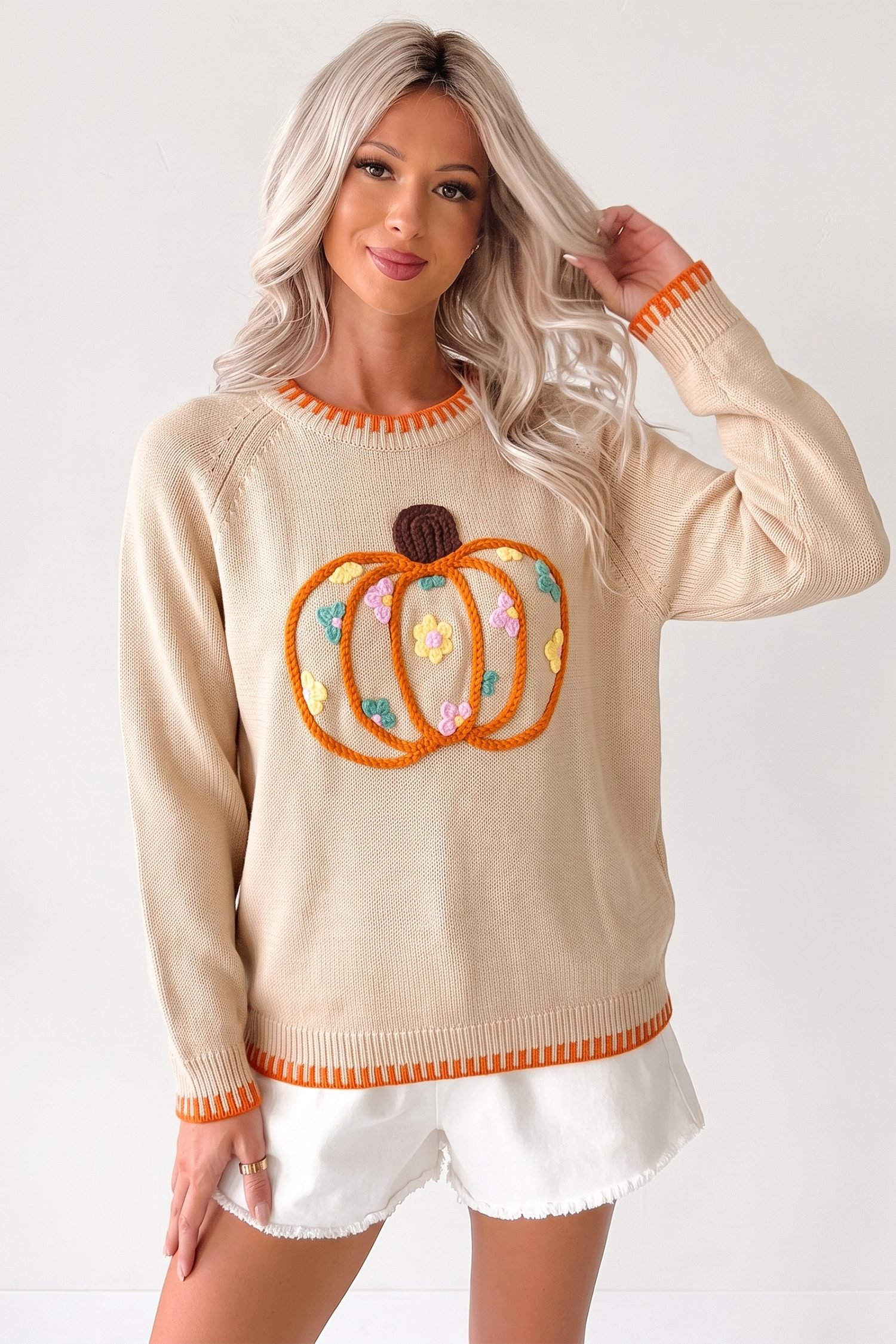 Parchment Floral Embroidery Pumpkin Long Sleeve Round Neck Sweater - Image 5