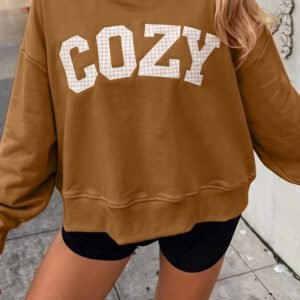 Chestnu COZY Embroidered Long Sleeve Stand Neck Shift Pullover Sweatshirt