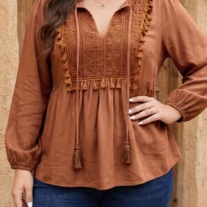 Chestnut Boho V Neck Embroidered Tassel Long Sleeve Plus Size Blouse
