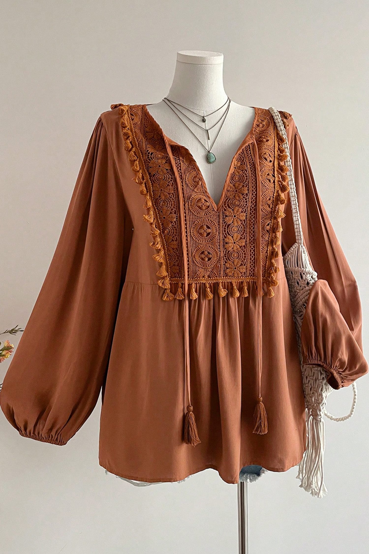 Chestnut Boho V Neck Embroidered Tassel Long Sleeve Plus Size Blouse