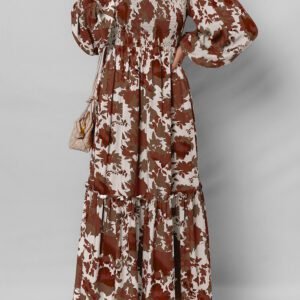 Chestnut Floral Puff Sleeve Smocked Bodice Ruffled Long Dress