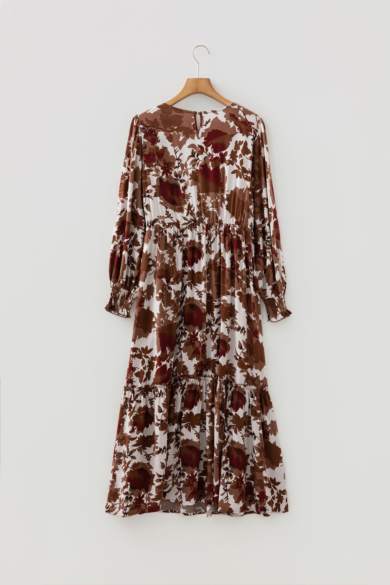 Chestnut Floral Puff Sleeve Smocked Bodice Ruffled Long Dress