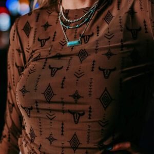 Chestnut Retro Western Print Mesh Long Sleeve Sheath Top