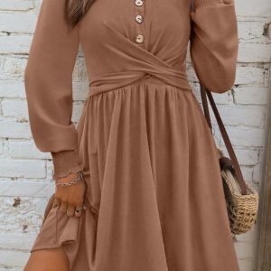 Chestnut Shirred Cuff Long Sleeve Button Round Neck Mini Dress