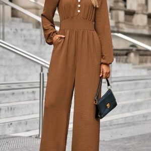 Chestnut Solid Color Long Sleeve Shirred Button Detail Straight Leg Jumpsuit